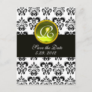 BLACK AND WHITE DAMASK YELLOW TOPAZ MONOGRAM ANNOUNCEMENT POSTCARD