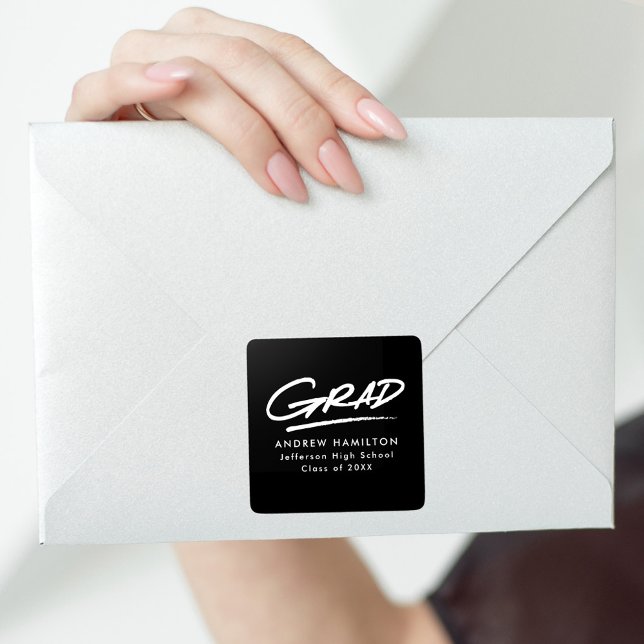 Black and White Dashed Modern Grad Graduation Square Sticker (Creator Uploaded)