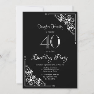 Black and White Decorative Border 40th Birthday Invitation