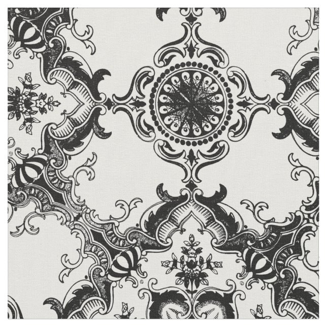 Black and White Decorative Damask Pattern Fabric (Close Up)