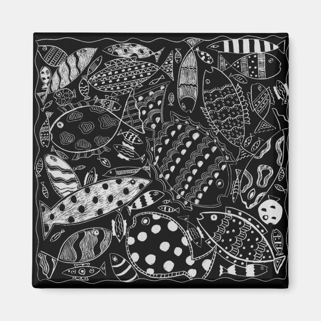 Black And White Decorative Fish Pattern Magnet (Front)