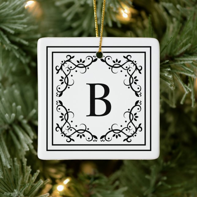 Black And White Decorative Frame Custom Monogram Ceramic Ornament (Tree)