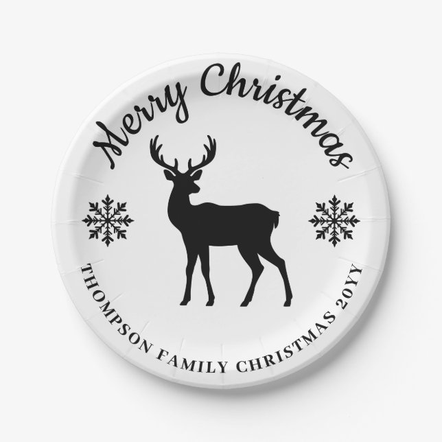 Black And White Deer And Snowflakes Holiday Party Paper Plate (Front)