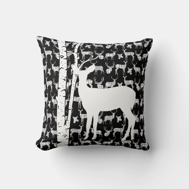 Black and White Deer Birch Forest Throw Pillow (Front)