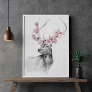 Black and White Deer in Flower Crown Animal Poster