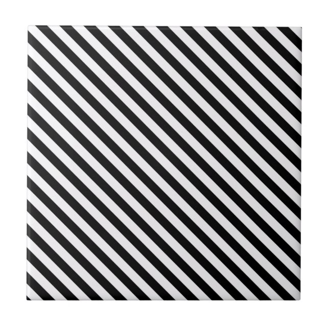 Black and White Diagonal Stripes Ceramic Tile (Front)