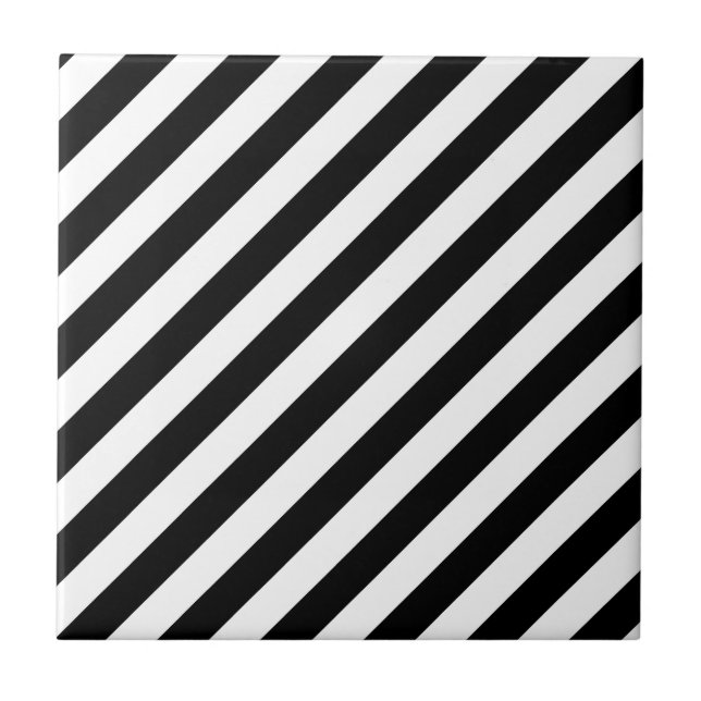 Black And White Diagonal Stripes Pattern Ceramic Tile (Front)
