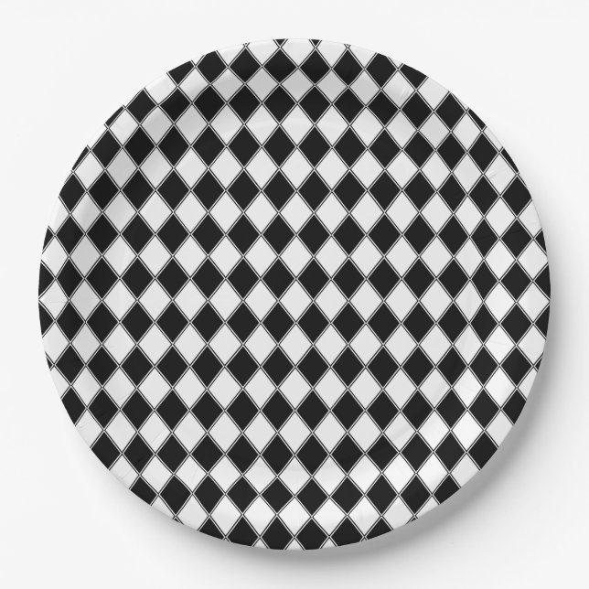 Black and White Diamond Argyle Pattern Paper Plate (Front)