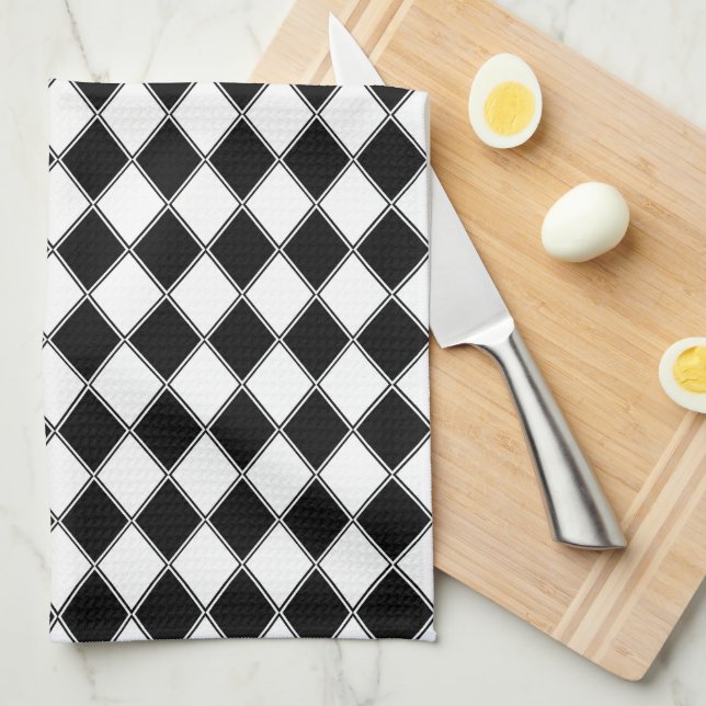 Black and White Diamond Argyle Pattern Tea Towel (Quarter Fold)
