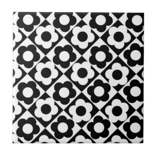 Black and White Diamond Check Flower Pattern Ceramic Tile