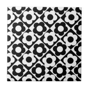Black and White Diamond Check Flower Pattern Ceramic Tile