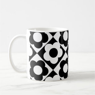 Black and White Diamond Check Flower Pattern Coffee Mug