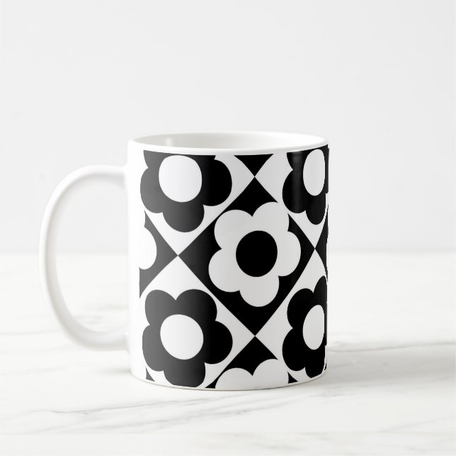 Black and White Diamond Check Flower Pattern Coffee Mug (Left)