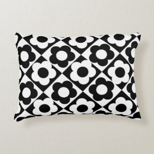Black and White Diamond Check Flower Pattern Decorative Cushion