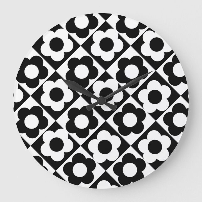Black and White Diamond Check Flower Pattern Large Clock (Front)