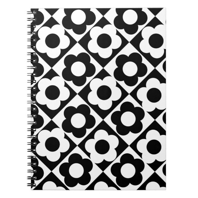 Black and White Diamond Check Flower Pattern Notebook (Front)