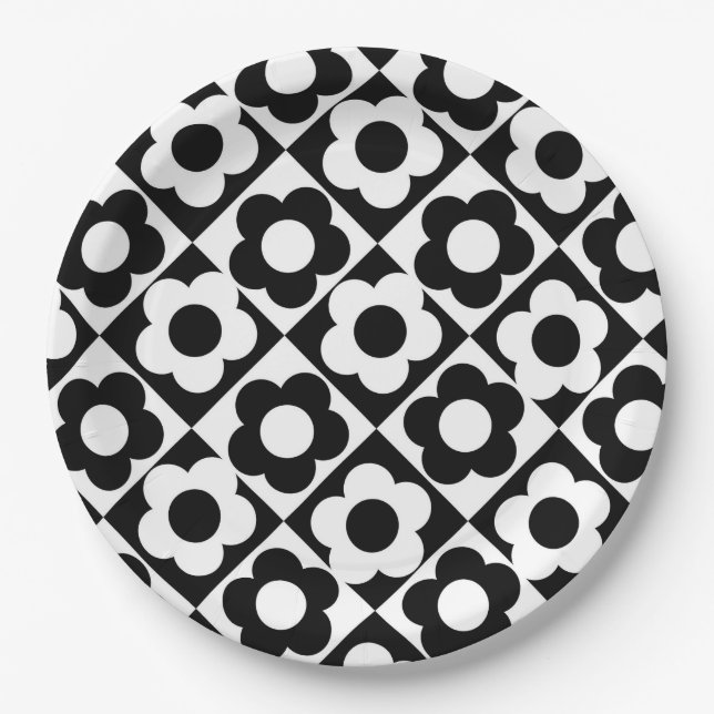 Black and White Diamond Check Flower Pattern Paper Plate (Front)
