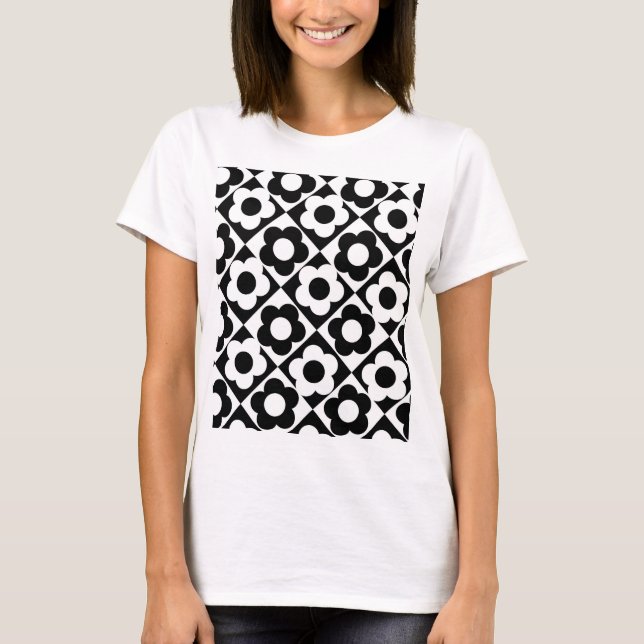 Black and White Diamond Check Flower Pattern T-Shirt (Front)