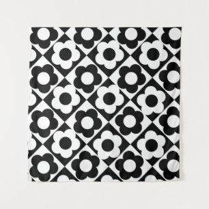 Black and White Diamond Check Flower Pattern Tapestry