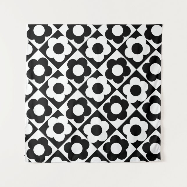 Black and White Diamond Check Flower Pattern Tapestry (Front)