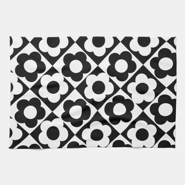 Black and White Diamond Check Flower Pattern Tea Towel (Horizontal)