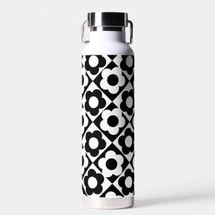 Black and White Diamond Check Flower Pattern Water Bottle
