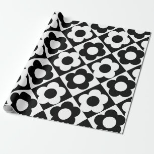 Black and White Diamond Check Flower Pattern Wrapping Paper