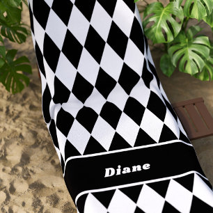 Black and White Diamond Pattern Personalised Beach Towel