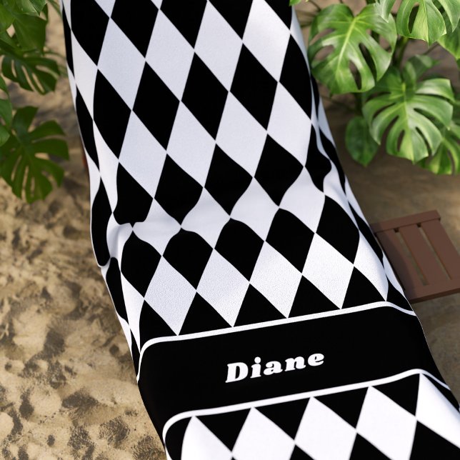 Black and White Diamond Pattern Personalised Beach Towel (A fun black and white diamond checkered pattern beach towel with space for your name)