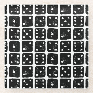 Black and White Dice 1-6 Rustic Linocut Glass Coaster