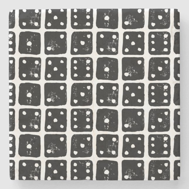 Black and White Dice 1-6 Rustic Linocut Stone Coaster (Front)