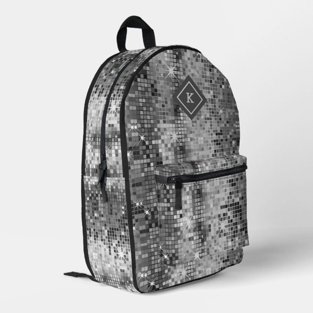Black and white dicso mirrors glitter pattern printed backpack (Back Corner Left)