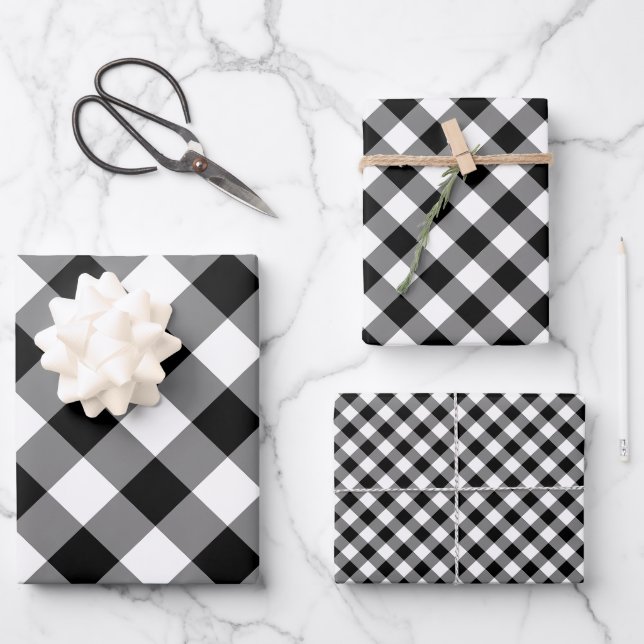Black and White Different Sizes Diagonal Gingham Wrapping Paper Sheet (Front)
