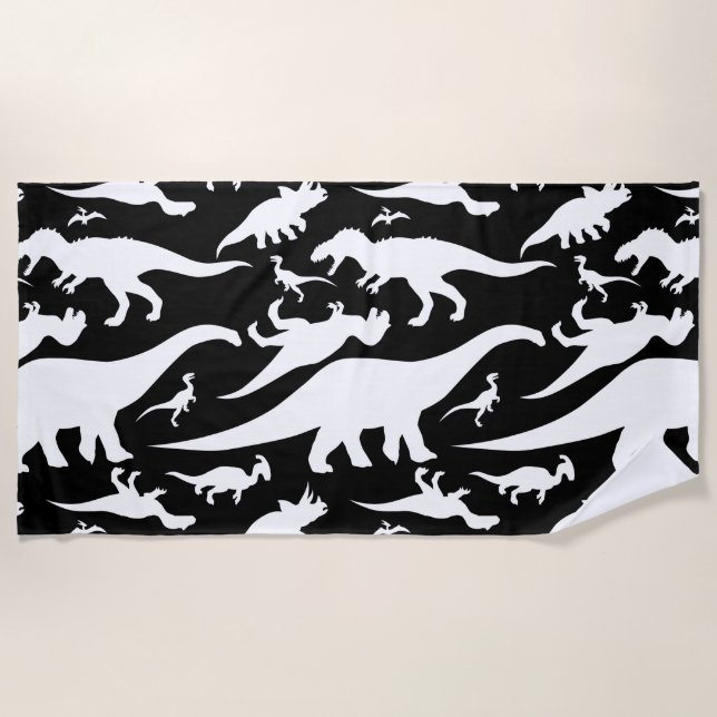 Black and White Dinosaur Pattern Beach Towel (Front)