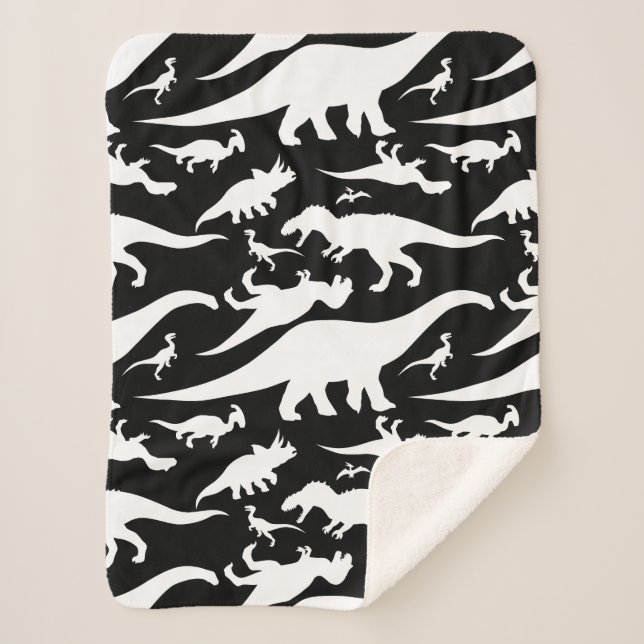 Black and White Dinosaur Pattern Sherpa Blanket (Front)
