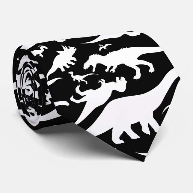 Black and White Dinosaur Pattern Tie (Rolled)