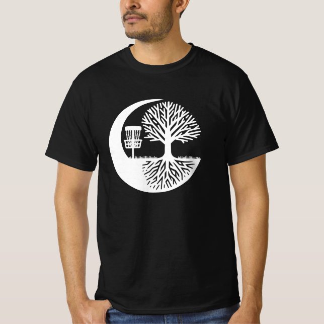 Black and white Disc Golf and Tree Roots   T-Shirt (Front)