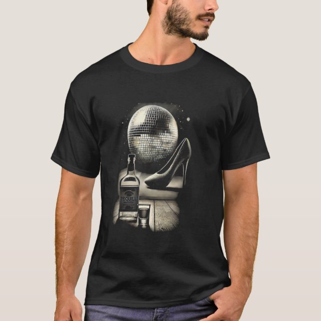 Black and White Disco Ball High Heels Tequila T-Shirt (Front)