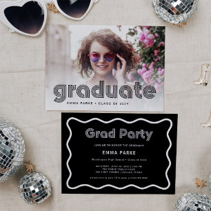 Black and White Disco Text and Photo Grad Party Announcement