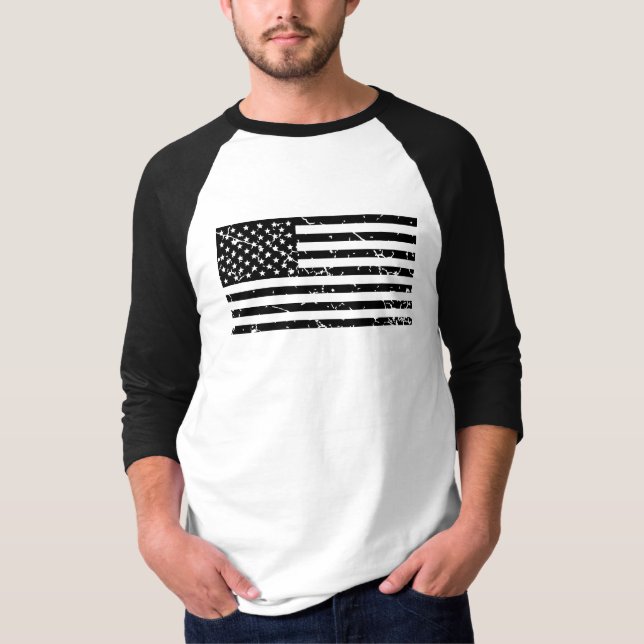 Black and White Distressed American Flag T-Shirt (Front)