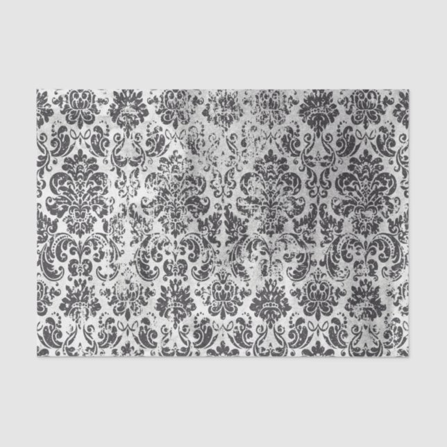 Black and White Distressed Damask Pattern Tissue Paper (Front)
