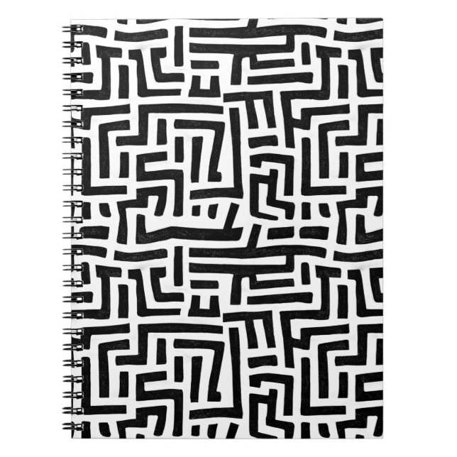 Black and White Distressed Maze Pattern Notebook (Front)
