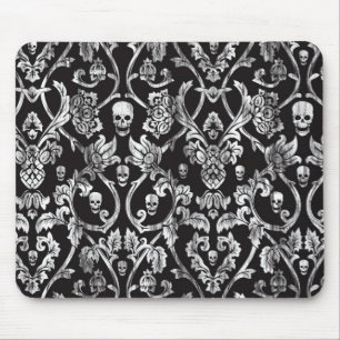 Black and white distressed skull damask. mouse pad