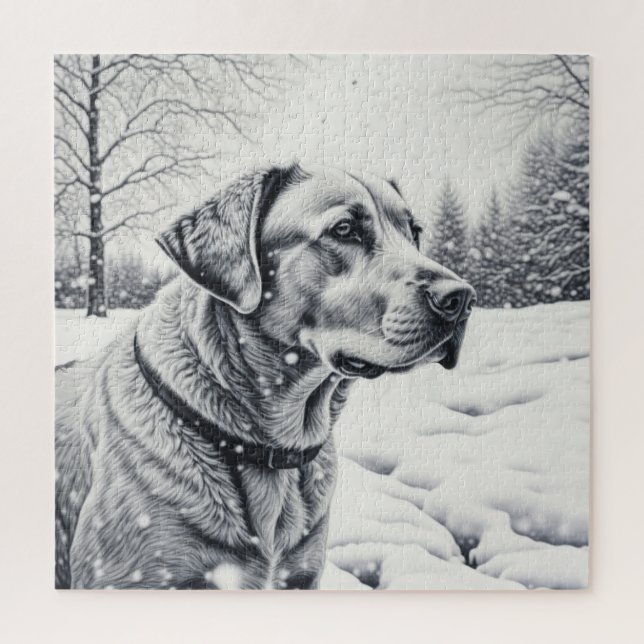 Black and White Dog AI Sketch Winter Scene Jigsaw Puzzle (Vertical)
