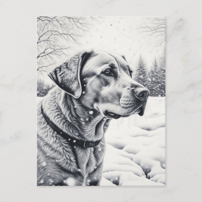 Black and White Dog AI Sketch Winter Scene Postcard (Front)