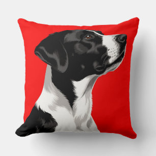 Black and White Dog on Bold Red Background Cushion
