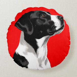 Black and White Dog on Bold Red Background Round Cushion