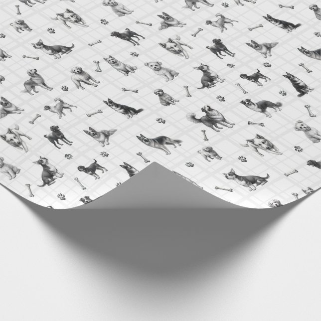 Black and white dog pattern with different breeds wrapping paper (Corner)