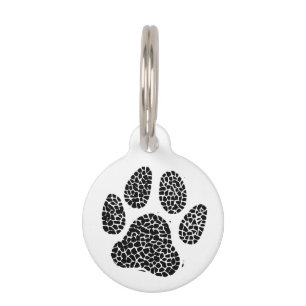 Black and White Dog Paw Print Linocut Pet Tag