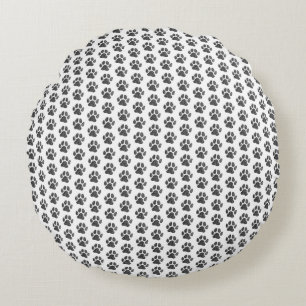 Black and White Dog Paw Print Linocut Round Cushion